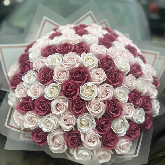Buchet 101 Trandafiri de Săpun - Alb, Roz Pal & Burgundy - BawBaw - Cadouri WOW