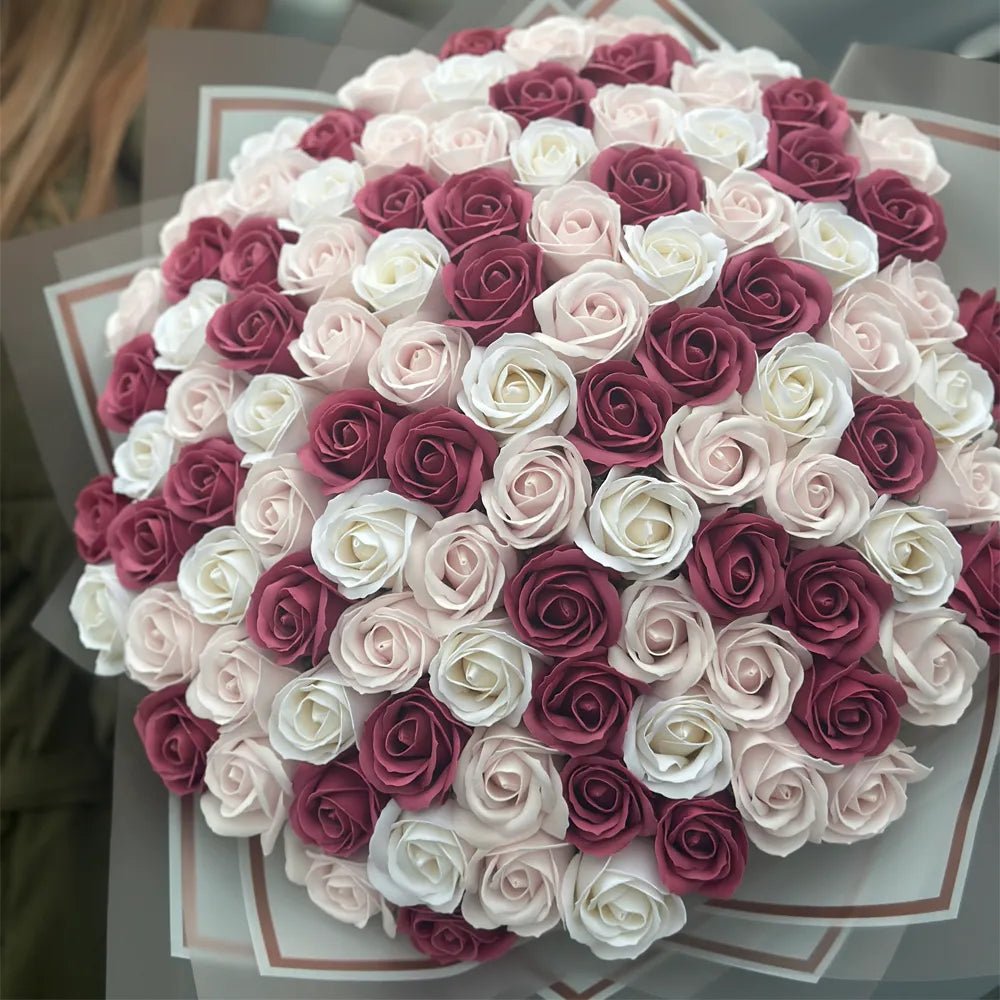 Buchet 101 Trandafiri de Săpun - Alb, Roz Pal & Burgundy - BawBaw - Cadouri WOW
