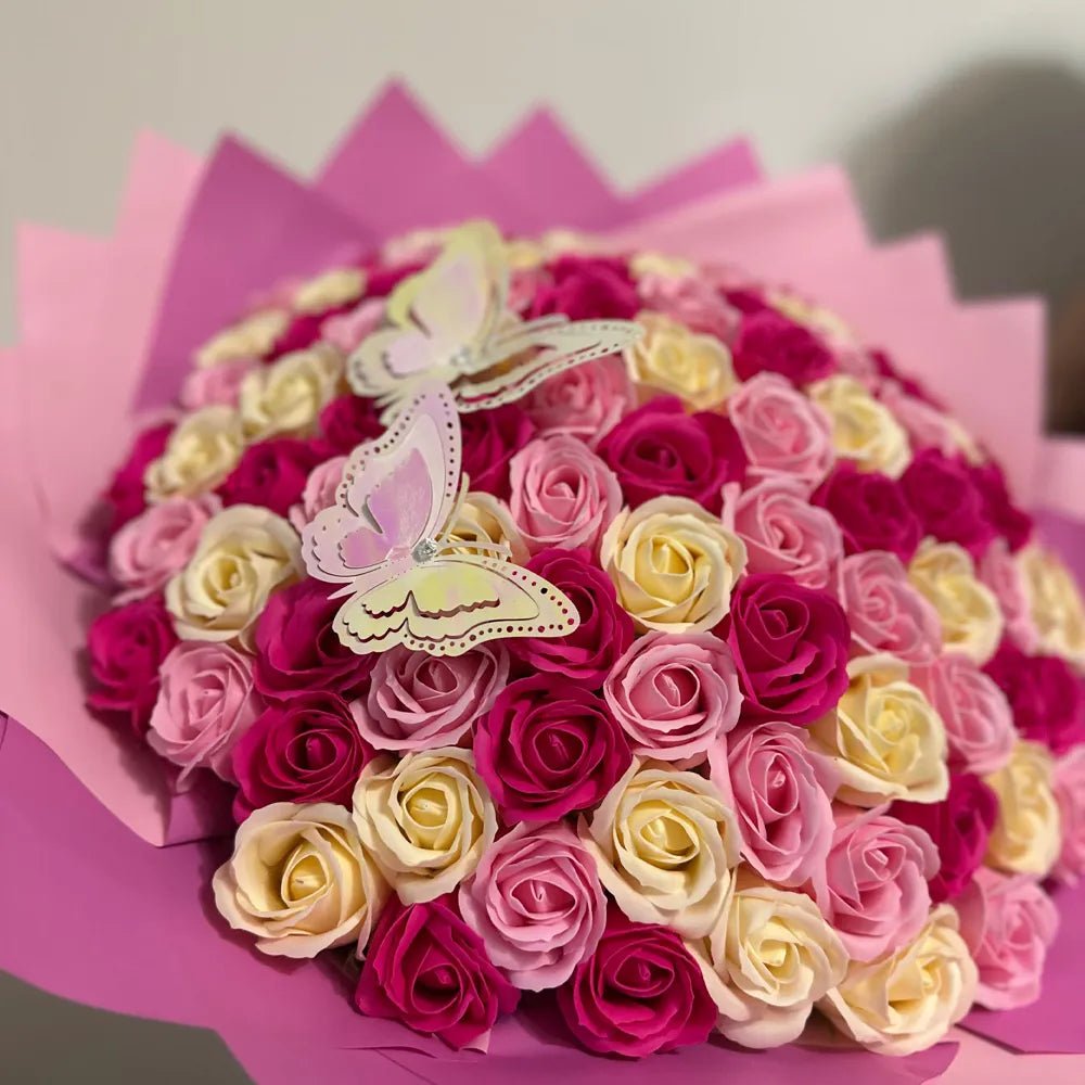 Buchet 101 Trandafiri de Săpun - Crem, Roz & Roz Intens - BawBaw - Cadouri WOW