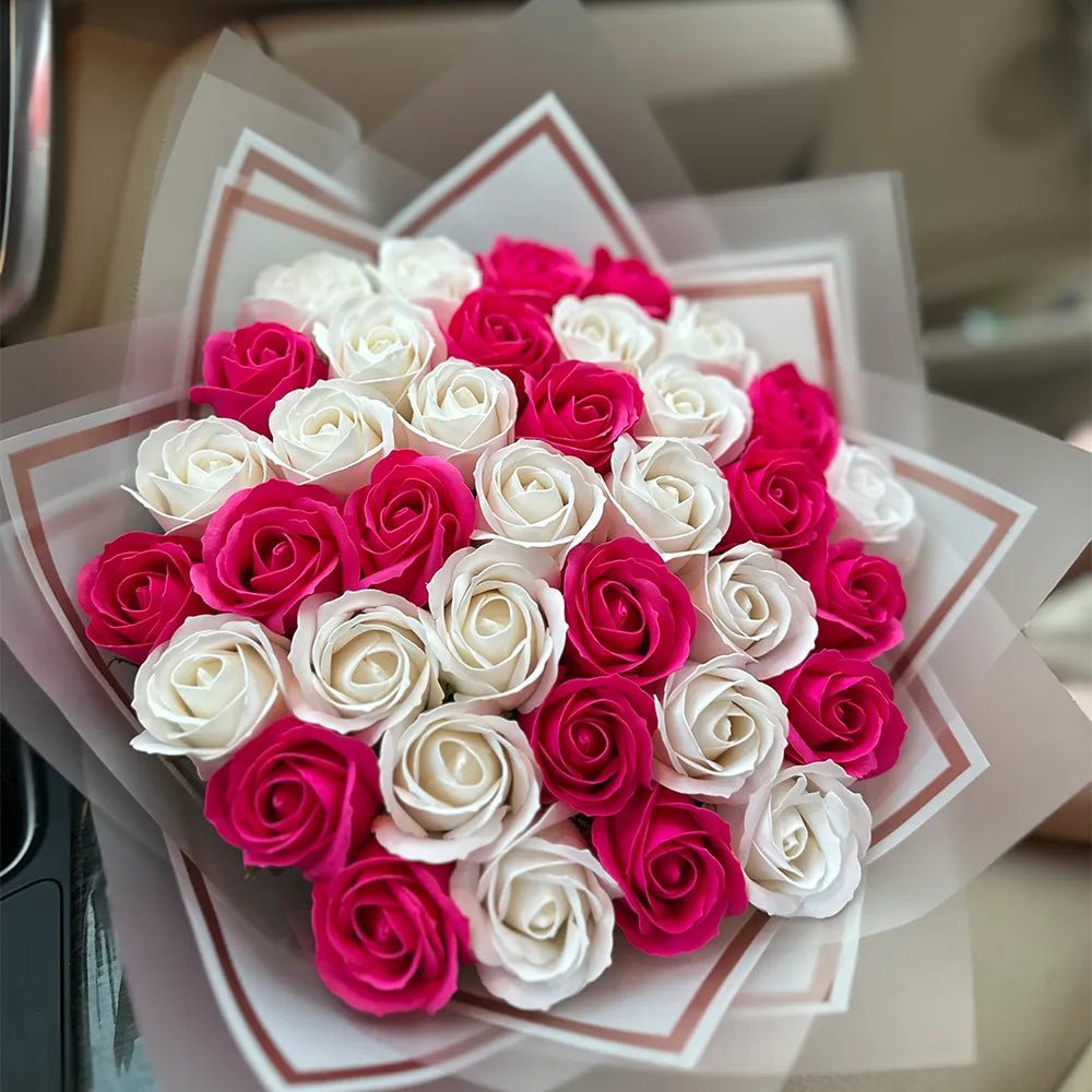 Buchet 37 Trandafiri de Săpun - Alb & Roz Intens - BawBaw - Cadouri WOW