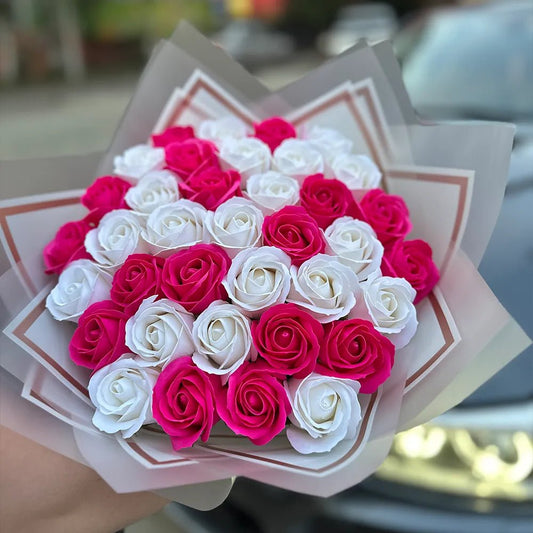 Buchet 37 Trandafiri de Săpun - Alb & Roz Intens - BawBaw - Cadouri WOW