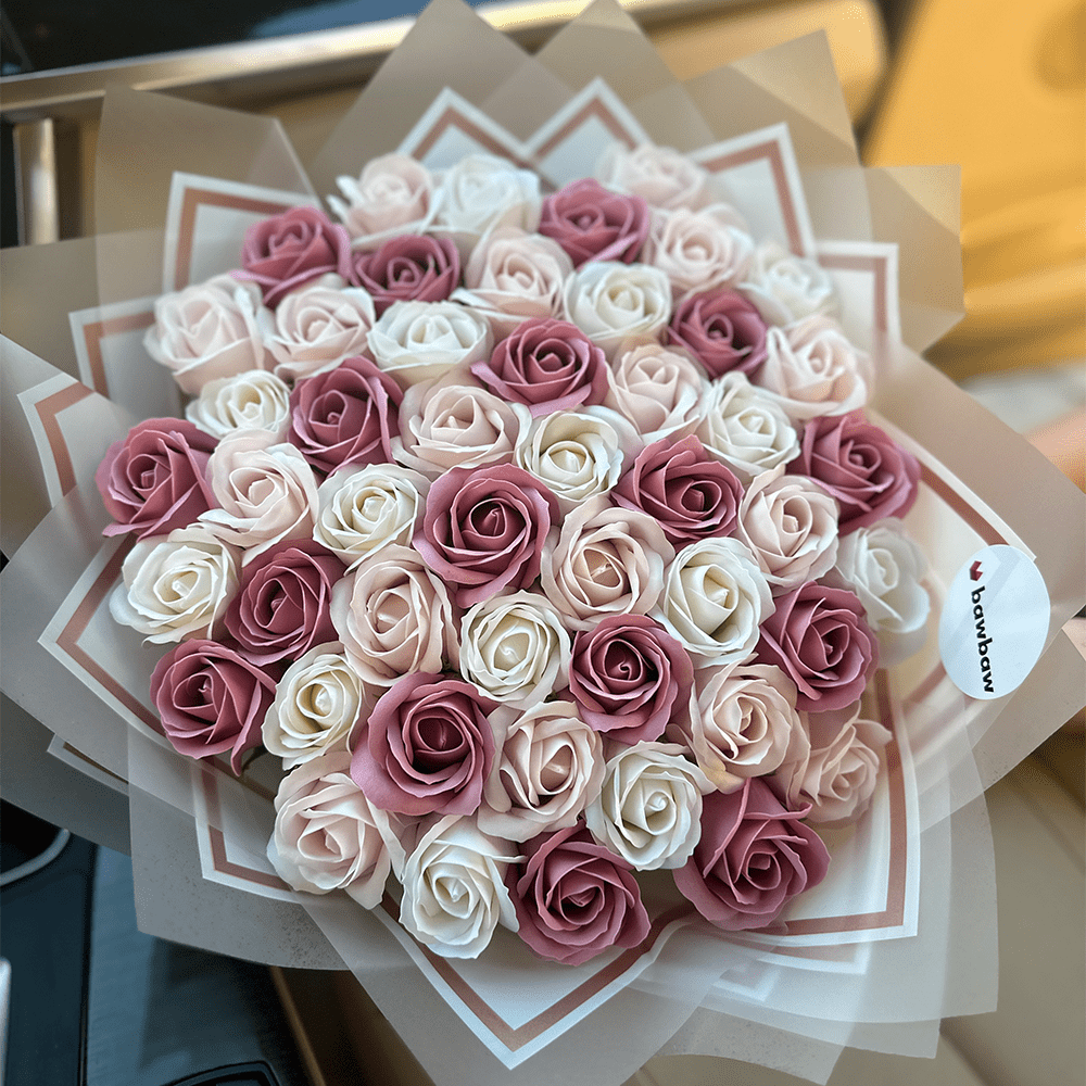 Buchet 49 Trandafiri de Săpun - Alb, Roz Pal & Roz Prafuit - BawBaw - Cadouri WOW