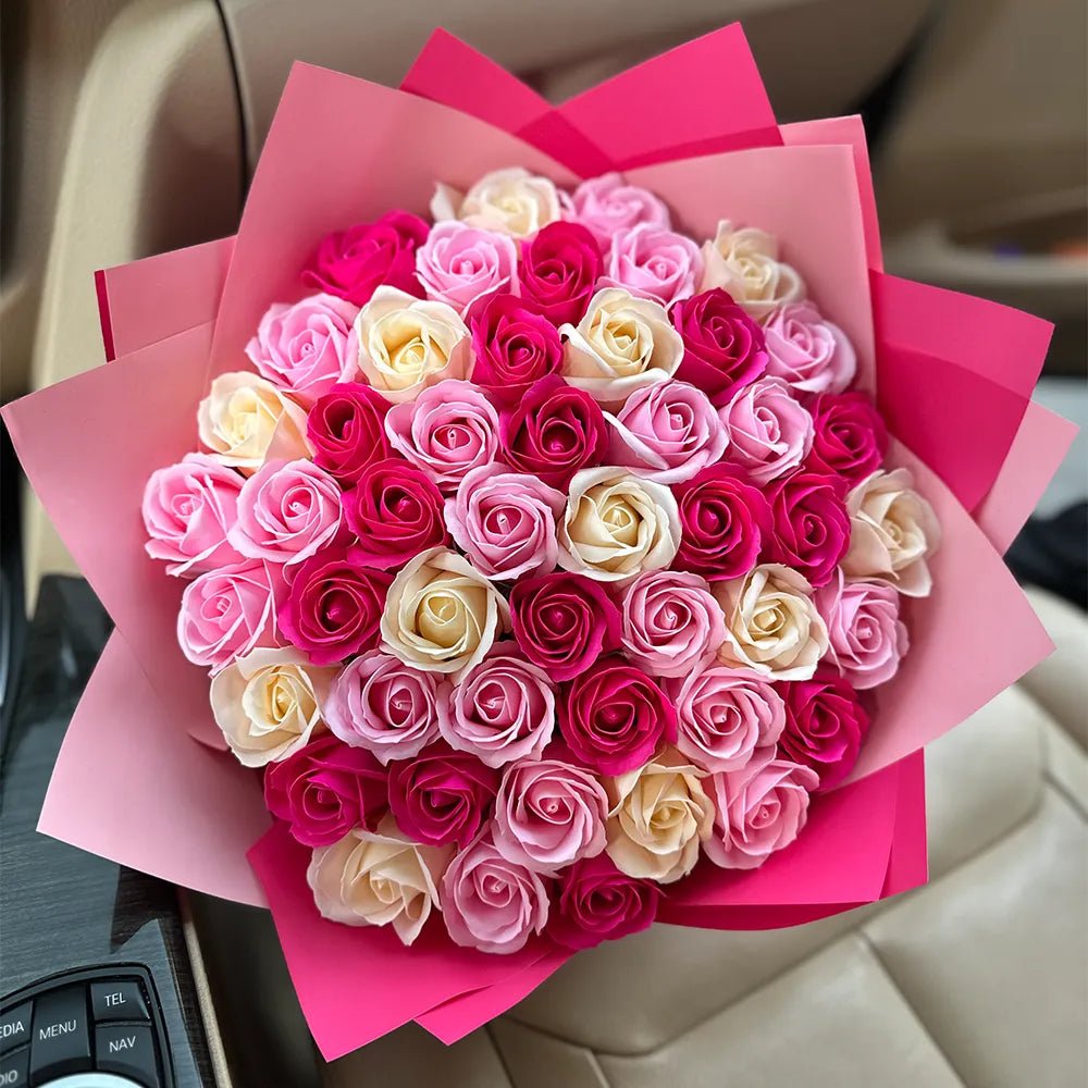 Buchet 49 Trandafiri de Săpun - Crem, Roz & Roz Intens - BawBaw - Cadouri WOW