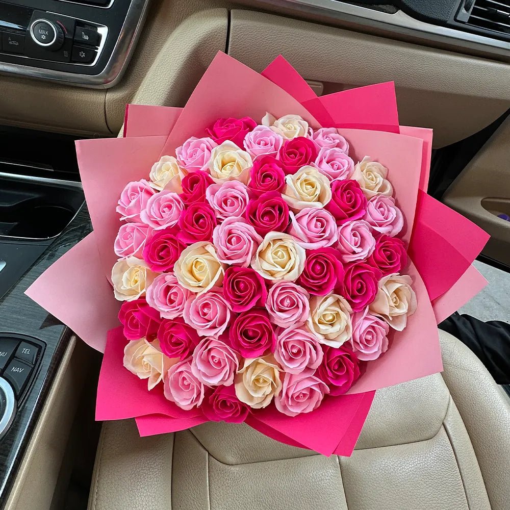 Buchet 49 Trandafiri de Săpun - Crem, Roz & Roz Intens - BawBaw - Cadouri WOW